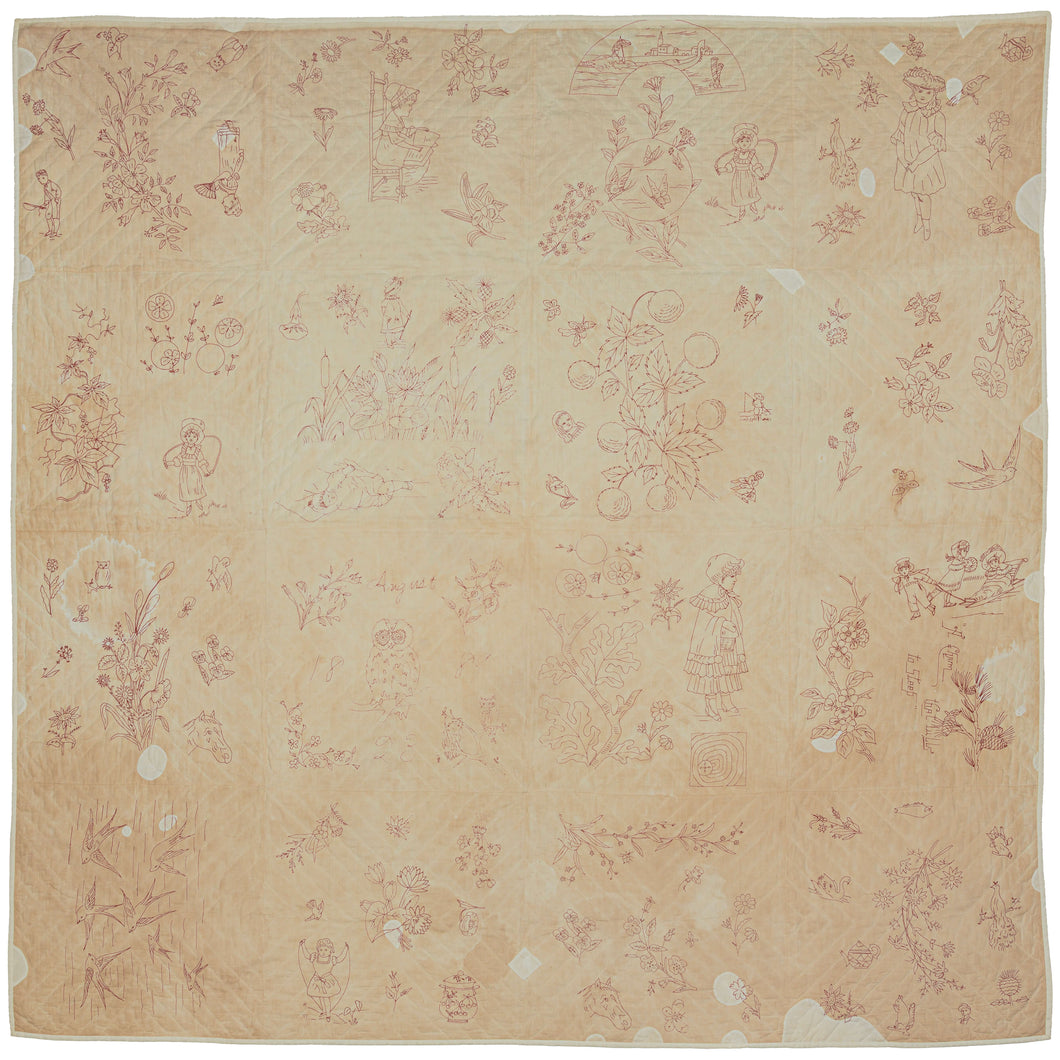 This charming late 19th-century redwork quilt is a captivating snapshot of American domestic life, hand-stitched in 1889. Executed in signature turkey red thread on a cotton ground. It is composed of whimsical, illustrative embroidery blocks—each individually rendered with delicate linework and heartfelt imagination.