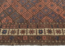 afghan baluch lattice design composed of field of soft red and purple diamonds.  Framed by a vibrant white main border of eight pointed stars that really brightens the piece.