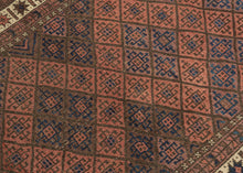 afghan baluch lattice design composed of field of soft red and purple diamonds.  Framed by a vibrant white main border of eight pointed stars that really brightens the piece.