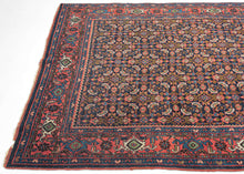 This Bidjar was handwoven during the second quarter of the 20th century.
It features an all-over herati patterned field in blues, reds, coral, ivory and green on a midnight blue backdrop. This bidjar lives up to its reputation as the "Iron Rug" with dense tightly packed construction which makes for a heavy and hard-wearing rug. A watermelon main border lightens the composition.