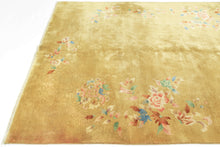 This elegant Deco rug features a refined open-field design with delicate floral sprays accenting a uncommon gold field. The softly rendered peonies, lotus blossoms, and leafy tendrils in pastel shades of pink. blue, and green create a graceful. understated compostion. features peonies, chrysanthemums, fruit blossoms among flowers rendered in greens, yellows, blues in purples. The flowers really pop on bright red, which is a shade most commonly associated with luck, joy, and prosperity in China.