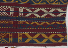 Northern Afghanistan Jajim white attained by using cotton. The stripes are rendered with both stepped and serrated edges.  This very versatile textile can work as a rug, wall hanging, or throw. Initially intended for use in a tent as a divider, to cover belongings, as a sofreh, or likely all of these and more.