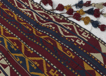 Northern Afghanistan Jajim white attained by using cotton. The stripes are rendered with both stepped and serrated edges.  This very versatile textile can work as a rug, wall hanging, or throw. Initially intended for use in a tent as a divider, to cover belongings, as a sofreh, or likely all of these and more.