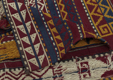 Northern Afghanistan Jajim white attained by using cotton. The stripes are rendered with both stepped and serrated edges.  This very versatile textile can work as a rug, wall hanging, or throw. Initially intended for use in a tent as a divider, to cover belongings, as a sofreh, or likely all of these and more.
