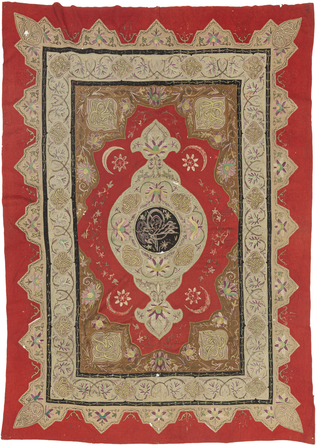 The craftsmanship is exceptional, blending the visual grammar of Ottoman imperial iconography with devotional Sufi aesthetics. The embroidered script, with its sweeping thuluth curves, dances across a symmetrical field of symbolic ornament, producing an effect both meditative and majestic.