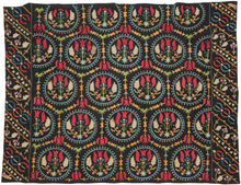 This embroidered textile is a well-preserved example of late Ottoman Armenian domestic needlework, likely produced in the town of Marash (modern-day Kahramanmaraş, Turkey) at the turn of the 20th century.  
The embroidery is executed in silk floss using satin and couching stitches across a black cotton ground.  It features concentric floral medallions, stylized birds and serrated leaves in lively blues, greens, red, pink, purple, yellow and ivory. Notably, two guardian-like anthropomorphic figure