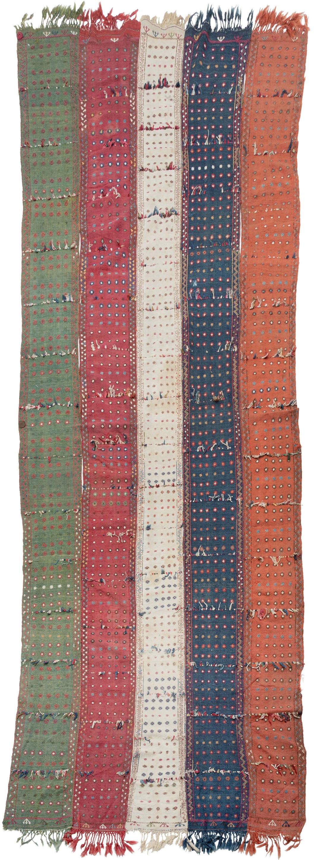 A pardeh is used for a variety of purposes including partitioning tents, covering textiles or for special ceremonies and rituals like weddings. They are warp facing and flatwoven in narrow panels which are later stitched together. sivas kurdish pardeh