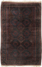 Timuri Baluch was handwoven during the second quarter of the 20th century in Western Afghanistan.
It features a lattice pattern of stepped diamonds and serrated polygons. With lush deep blue and red wool with a dark but lustrous complexion. The addition of a dark brown which has oxidized naturally sculpts the pattern and gives the shapes the feeling of floating in space. Bright speckles of white cotton have been woven around the main border adding a subtle touch of electricity. weft float