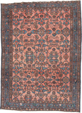 This Geometric Flower Lilihan rug utilizes graphic floral patterning with an Art Deco feel. Rendered in lively blues, greens, and red with brown and gold on a coral ground. The central blends seamlessly into the repeat field pattern. Framed by a meandering palmette border on an electric blue ground.