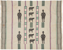 This blanket was likely woven in Nigeria during the middle of the 20th century.
It was woven in multiple stripes which have been attached horizontally. It features four human figures and six goats as well as various stripes in green, purple and black against an ivory ground. A wonderful and less common palette most often seen on Nigerian weavings. The figuresd and stripes have been completed using weft substition over the ivory strips.