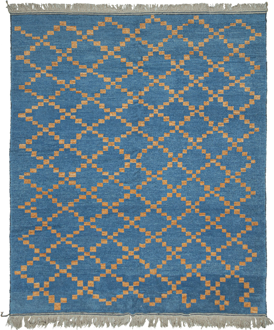 This Moroccan-styled rug was woven during the 21st century in Afghanistan.  It features a simple diamond lattice pattern comprised of speckled gold squares on a cobalt ground. The lattice is consistent but with some subtle nuance in it's rhythm and casually breaks apart near the top and bottom of the rendering. Woven of hearty, hand-spun Afghan wool giving it durability and extra heft not commonly found in the Moroccan weaving usually associated with this patterning.