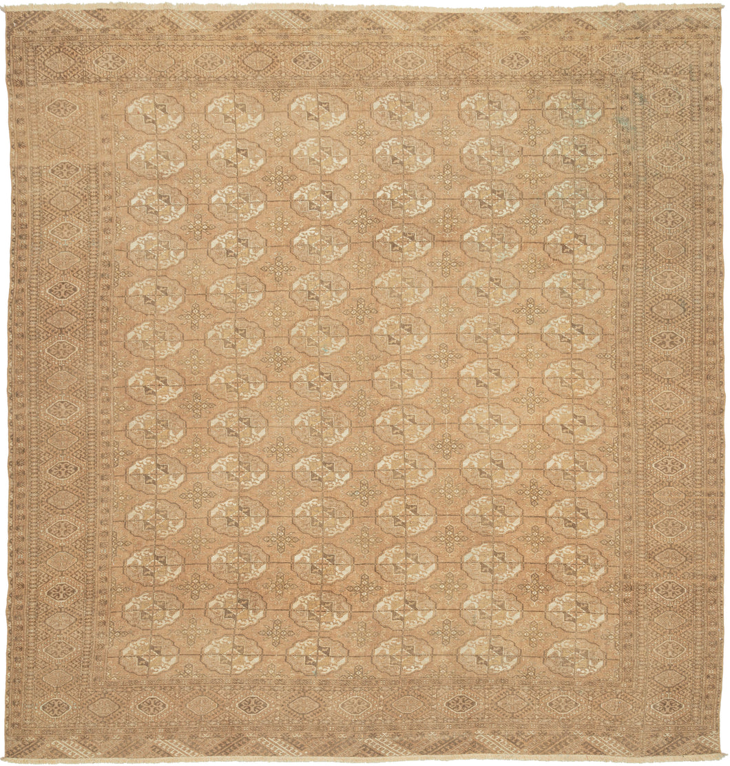 This Tekke Turkmen rug was handwoven during the second quarter of the 20th century in Turkmenistan.
The field features a grid of rounded main guls in various shades of brown, tan, bone and wheat on faded copper tone ground. The space between the grid is filled with rows of cruciform shaped secondary guls. It is encapsulated by a border of rams head filled octagons and finished with skirts of latch-hooked zigzags.