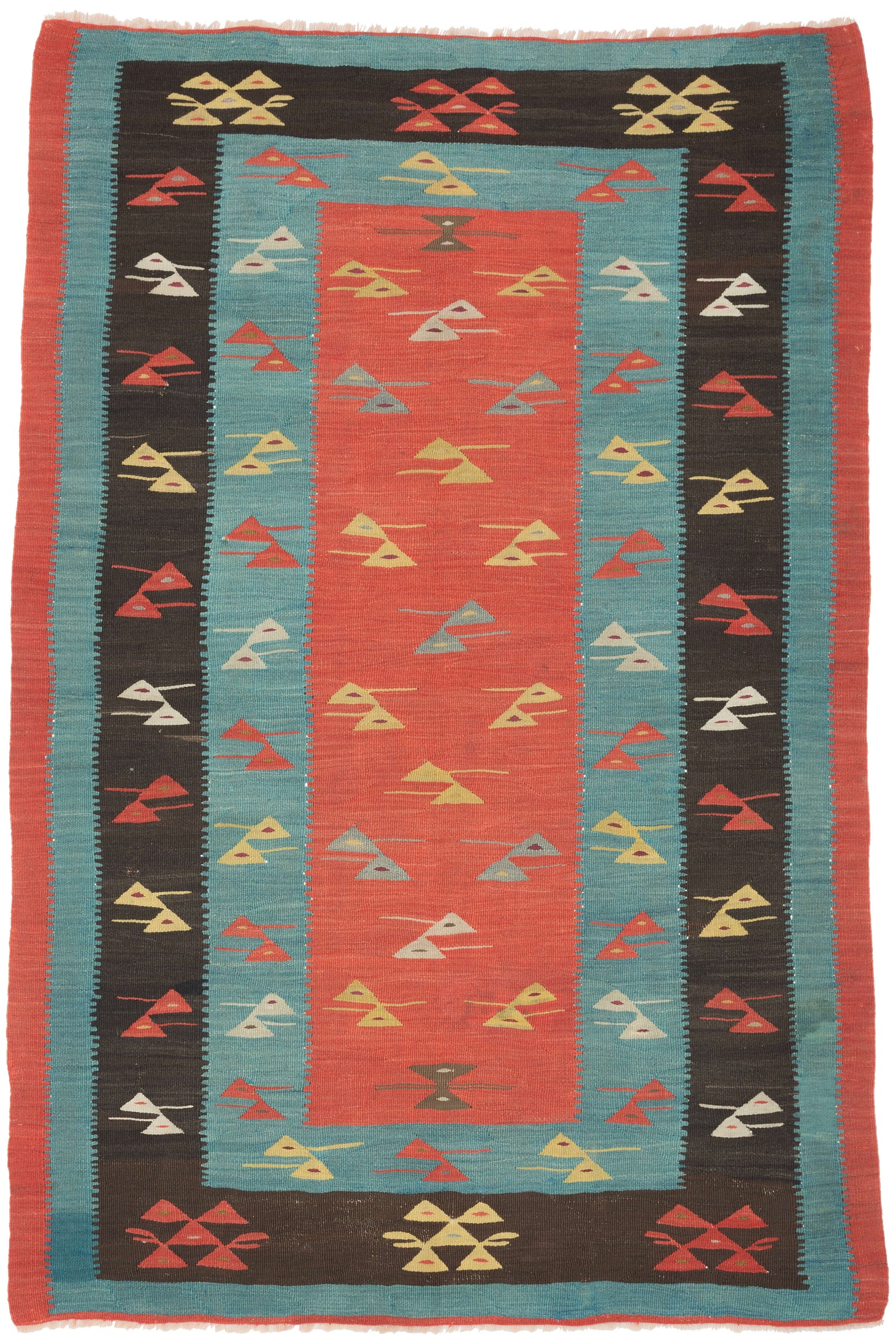 A beautifully balanced flatweave from the Balkan weaving tradition, this Sarkoy kilim features a striking interplay of color and form. The composition centers on a coral-red field framed by alternating turquoise and charcoal borders, each filled with stylized, abstracted bird motifs rendered in yellow, ivory, and crimson. The rhythmic repetition and crisp geometry lend the piece a distinctly modern sensibility while remaining rooted in folk symbolism and regional craftsmanship.