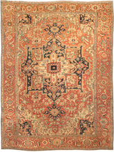 This Antique Serapi Rug features the classic Heriz layout with a graphic geometric central medallion. Great quality 19th-century Heriz rugs are often referred to as Serapi. Serapi patterning like what is exhibited here is often looser and freer than most later Heriz rugs. Serapis also have a softer palette and can include some unexpected tones.  A soft and balanced palette of soft brick, coral, powder blue, wheat, and coral contrasts well against ivory and deep navy.