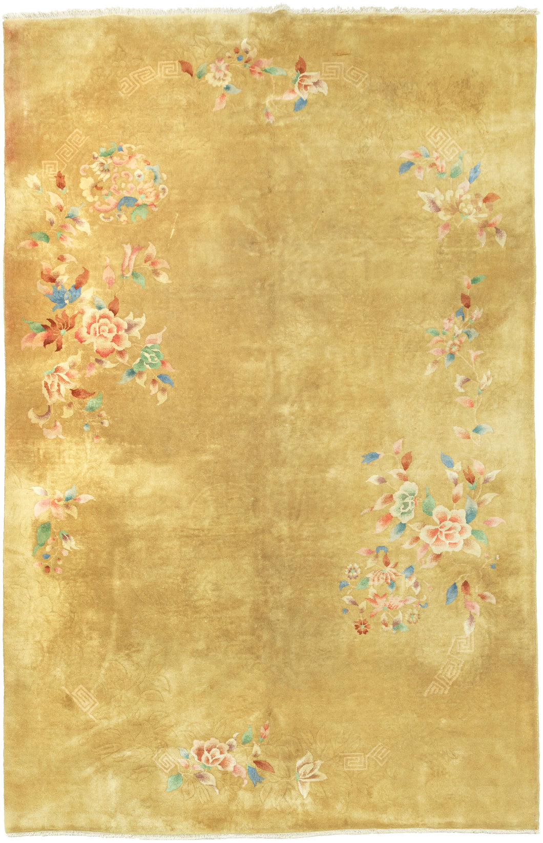 This elegant Deco rug features a refined open-field design with delicate floral sprays accenting a uncommon gold field. The softly rendered peonies, lotus blossoms, and leafy tendrils in pastel shades of pink. blue, and green create a graceful. understated compostion. features peonies, chrysanthemums, fruit blossoms among flowers rendered in greens, yellows, blues in purples. The flowers really pop on bright red, which is a shade most commonly associated with luck, joy, and prosperity in China.