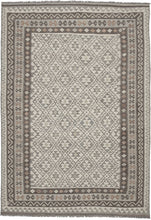 This Maimana kilim was woven in Afghanistan during the 21st Century.  It features classic Maimana patterning of stepped diamonds but in a neutral palette of soft browns, gray, and ivory. A versatile piece with a calming presence.  Alternate spellings of Maimana include but are not limited to: Maymane, Maymana, Maimane.