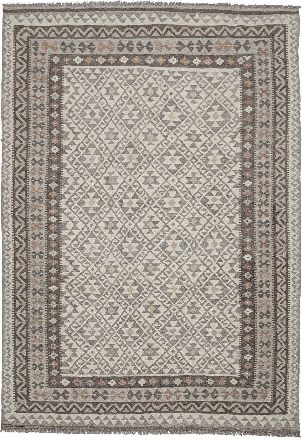 This Maimana kilim was woven in Afghanistan during the 21st Century.  It features classic Maimana patterning of stepped diamonds but in a neutral palette of soft browns, gray, and ivory. A versatile piece with a calming presence.  Alternate spellings of Maimana include but are not limited to: Maymane, Maymana, Maimane.