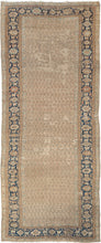 This Malayer runner was handwoven during the second quarter of 20th century.
This washed out wide runner features a repeat pattern abstracted botehs that blend right into one another on the soft and calming camel ground. Framed by a crisp border of palmettes in caramel, soft blues, earthy reds and burnt orange on a deep navy ground.  