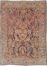 This rug features a curvilinear floral design on a deep navy field. The floral work is intricate and an excellent example of the type of floral sprays Sarouk rugs are known for. The main border features scrolling palmettes on a rust ground. In a desirable and less common ~6 x 9 size.
