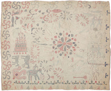Antique Bengal Kantha featuring a wild and asymmetrical scene with a small off-center mandala. It is full of various motifs from fish, horses, elephants, and people. The people can be seen in pairs stacked on top of one another, riding a horse and an elephant as well as inside a Vimana or flying palace. The whimsical borders add to the wonderful chaos as they completely shift from large floral symbols to rosettes and eventually to triangles in different sections.