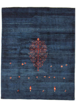 Contemporary Modern Minimal BLUE handwoven Lori Gabbeh are rug with red tree of life and small flowers