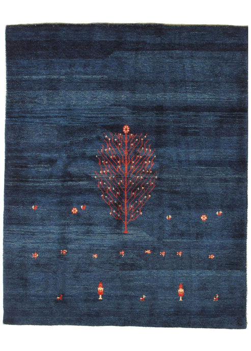 Contemporary Modern Minimal BLUE handwoven Lori Gabbeh are rug with red tree of life and small flowers