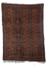 Mid Century Afghani Baluch  Scatter Rug  with orange, red and grey blue tones handwoven wool