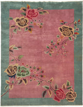 This deco is simple yet stunning with a dusty pink field and sage border. Large scale two-tone roses are rendered in yellow & brown, red & pink, and evergreen & mint with dramatic effect and with no regard for border or field.