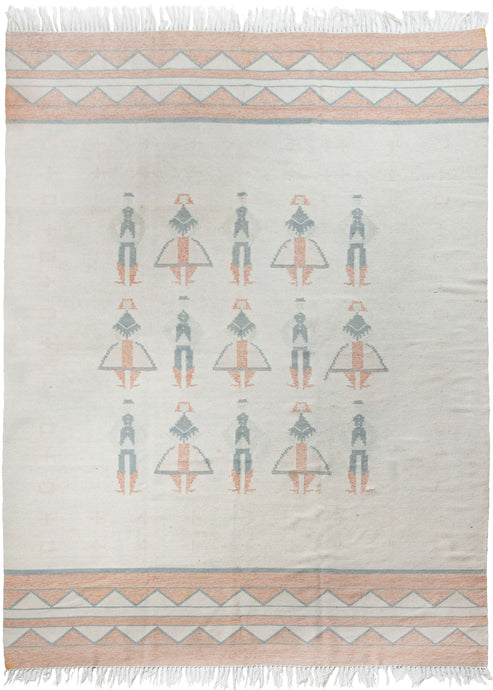 This Mid Century Polish Kilim features rows of alternating men and women in traditional costume on an expansive ivory ground. The ends are composed of heathered coral and ivory stripes and triangles that are outlined in gray and have a zig-zag feel.