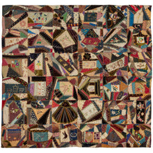 This particular quilt was composed during the height of this movement and epitomizes the Victorian design sense. It features an incredible amount of symbols, detailed needlework, and a variety of fabrics giving it a powerful graphic impact. The symbols range from cats, crescent moons, teas sets, fans, butterflies, flowers, and even a beaded horseshoe with "Good Luck 1889" embroidered inside it. 