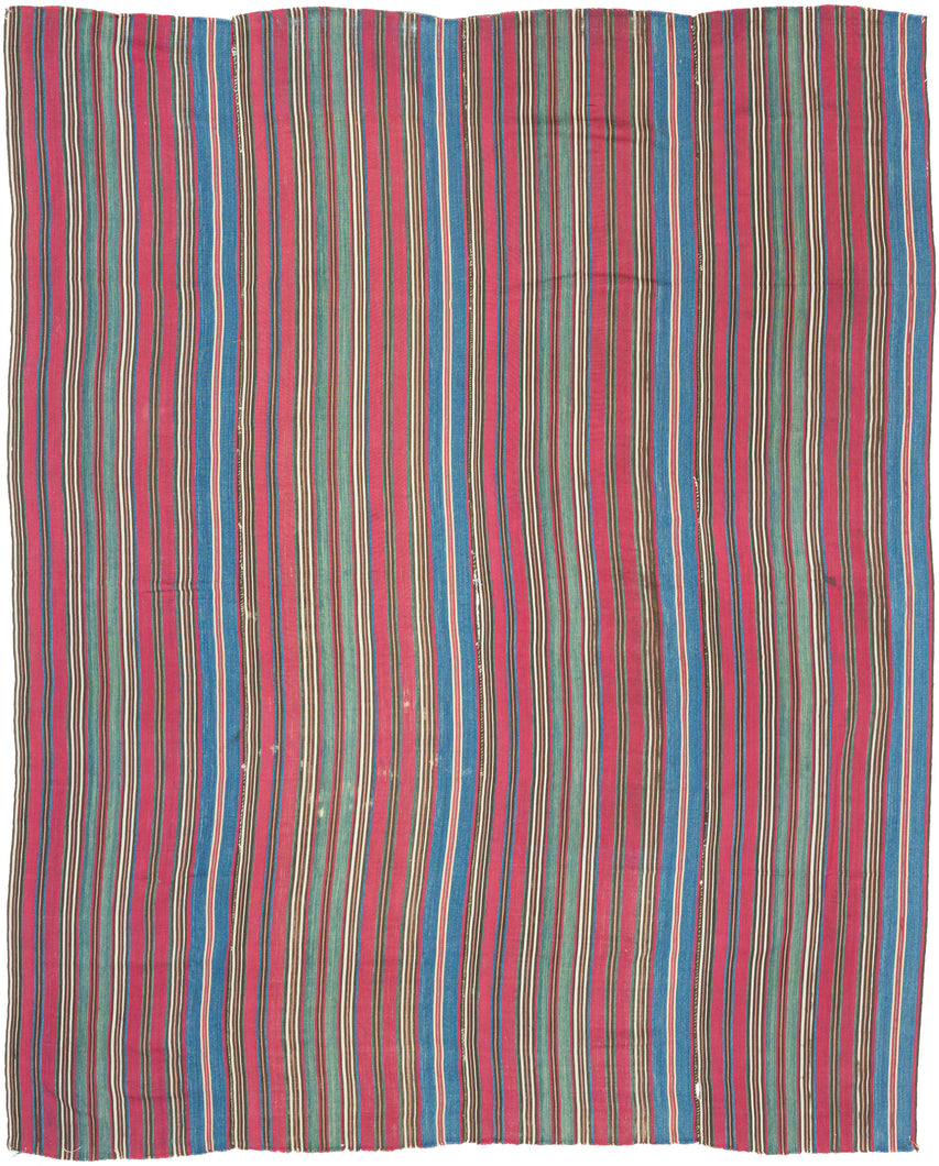 19th century Shahsavan silk jajim.This type of weaving was utilized as a bedding cover by nomads or in a village setting. This piece features rich, deeply saturated tones in bands of red, blue, yellow, green, ivory, and brown woven in a very fine silk. Warpface woven in multiple strips that have been sewn together. A collector's piece with exceptional dyes and materiality that is all about COLOR. A powerful piece that would be very impactful hung on the wall.