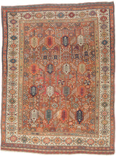 This exceptional late 19th-century Shekarlu rug is a superb example of the bold, highly expressive weaving tradition of the Qashqai Confederacy. Its rich terracotta field is animated by an elegant arrangement of towering cypress and tree-of-life motifs, interspersed with a lively assortment of tribal devices, rosettes, birds, combs, and other protective talismanic symbols that reward close inspection.