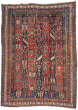 An exceptional Shekarlu rug with an unusually elaborate striped field, alternating saturated madder-red and deep indigo panels packed with an astonishing vocabulary of small motifs. Trees, rosettes, comb-like devices, lattices, geometric medallions, animals, and tiny human figures appear almost like a woven archive of tribal imagery, with scarcely an inch left unconsidered.