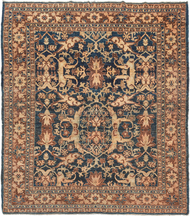 This Contemporary Afghan Mahal eatures an all-over design of curling arabesques and energetic rosettes in creamy khaki and reddish rust dancing on a deep navy ground. The pattern is more commonly associated with mahal rugs of western Iran. The rug has uneven coloring in places but flows with the design.