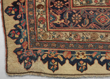 This grand scale antique Bidjar carpet features the evocative Bid Majnun design a poetic and symbolic layout named for the weeping branches of the trees and reminiscent of the legendary figure Majnun in Persian literature. The rare ivory ground provides a luminous backdrop for a striking garden composition, filled with stylized willows, cypresses, and flowering shrubs rendered in rich natural dyes.