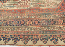 This grand scale antique Bidjar carpet features the evocative Bid Majnun design a poetic and symbolic layout named for the weeping branches of the trees and reminiscent of the legendary figure Majnun in Persian literature. The rare ivory ground provides a luminous backdrop for a striking garden composition, filled with stylized willows, cypresses, and flowering shrubs rendered in rich natural dyes.