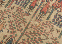 This grand scale antique Bidjar carpet features the evocative Bid Majnun design a poetic and symbolic layout named for the weeping branches of the trees and reminiscent of the legendary figure Majnun in Persian literature. The rare ivory ground provides a luminous backdrop for a striking garden composition, filled with stylized willows, cypresses, and flowering shrubs rendered in rich natural dyes.