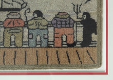 This charming vintage hooked rug captures the spirit of coastal folk art with humor and warmth. Four figures stand along a wharf, their backs turned as they watch the harbor. Each is&nbsp;rendered in bold blocks of color and outlined in black for a graphic, almost cartoon-like effect. One figure smokes a pipe, another leans casually with hands behind his back, while a small dog sits at attention in the corner. A sailboat in the distance and wisps of smoke rising into the air complete the playful seaside vig