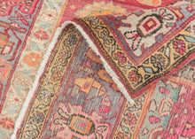 psychedelic bidjar It features large stylized palmettes that unfurl into the kaleidoscopic composition bursting with color, energy and charm. The jewel toned palette of is a saturated symphony of rose, coral, aqua, orange, butter and violet tones layered across a nicely abrashed red ground and framed by a dusty lavender border. A dense, hard wearing rug perfect for high traffic areas.