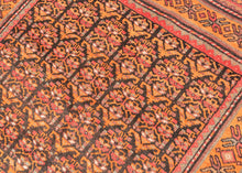 This rug was handwoven by the Kurdish weavers of Kolyai during the middle of the 20th century.

It features an all over design of abstracted floral motifs. In an uncommon and perfectly patinated palette of terracotta, aubergine, watermelon, teal and charcoal. With an enduring elegance that makes it equally suited for both eclectic interiors or more classic settings.