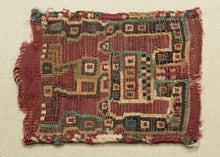 This Pre-Columbian tapestry fragment dates to the Wari period (circa 600–1000 AD) and showcases the intricate geometric abstraction that defined the visual language of the Middle Horizon Andes.

The design, executed in a fine tapestry weave, depicts a highly abstracted anthropomorphic figure with extended, angular limbs which is likely a shaman or ritual intermediary. Rendered in cochineal red, deep indigo, green, and cream, the figure exemplifies the Wari use of bold color and geometry to convey spiritual 