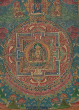This exquisite thangka presents a meticulously detailed mandala centered on Vairocana Buddha, the cosmic embodiment of wisdom and illumination. Seated in serene meditation on a lotus throne, Vairocana is encircled by layers of symbolic architecture, gates, lotus petals, and flame motifs which represent the sacred geometry of enlightenment and the path toward spiritual realization.