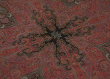 19th century square Kashmir kani shawl with dense red boteh (paisley) design, joined panel construction, and a central woven inscription cartouche in stylized Persian script, with intricate borders and multicolor fringe.
