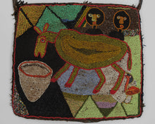 A vibrant Yoruba beaded and woven shoulder bag from Nigeria, featuring a fully beaded pictorial front and a handwoven dyed cotton back. The front panel depicts a lively scene centered on a stylized horse, shown beside a vessel that may represent a feed or water bucket, with two figures and a bird nearby.