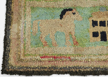 A wonderfully charming American folk-art hooked rug depicting a horse, house, tree, and seated cat across a long, narrow landscape. Its appeal lies in the wonderfully intuitive drawing and deliberately unconcerned sense of scale: the horse nearly rivals the house, while the cat sits monumentally beside a tree scarcely larger than itself.