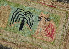 A wonderfully charming American folk-art hooked rug depicting a horse, house, tree, and seated cat across a long, narrow landscape. Its appeal lies in the wonderfully intuitive drawing and deliberately unconcerned sense of scale: the horse nearly rivals the house, while the cat sits monumentally beside a tree scarcely larger than itself.