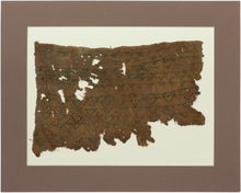 A remarkably understated Coptic textile fragment, woven on a warm brown linen ground and patterned with repeated horizontal bands of small linked motifs in deep blue-green, with traces of red.

Rather than the bold tapestry panels more often associated with Coptic textiles, this piece has an appealingly spare, almost minimalist quality. The repeating forms create a quiet rhythm across the surface, their irregularities revealing the hand of the weaver.
