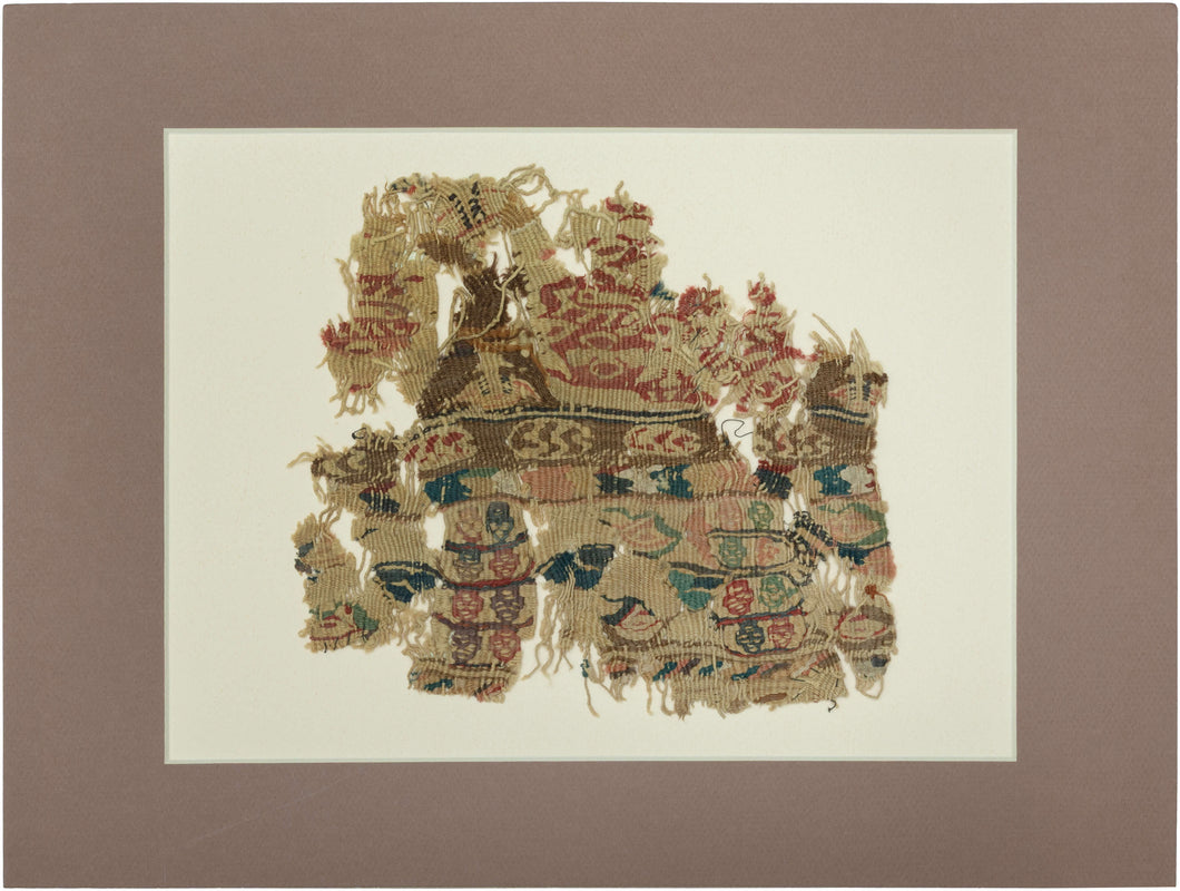 A wonderfully animated fragment of late antique Egyptian tapestry weaving, densely worked with stylized&nbsp;zoomorphic and vegetal forms with&nbsp;&nbsp;small geometric compartments in muted red, blue-green, rose, ochre, brown, and black.

The imagery is compressed into horizontal registers, with individual motifs appearing almost like tiny pictograms. Its fragmentary survival only heightens that quality, turning what was once part of a larger textile into an unexpectedly modern, almost collage-like compos