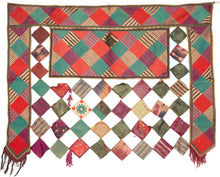 Afghan Lakai recycle reuseIt features a variety of fabric squares patchworked in to the shape of a traditional Uzbek door hanging. Some squares are plain fabric and others are recycled ikat and even appliquéd felt. The backing is old Russian rollerprint. A nice example of recycling and reuse.