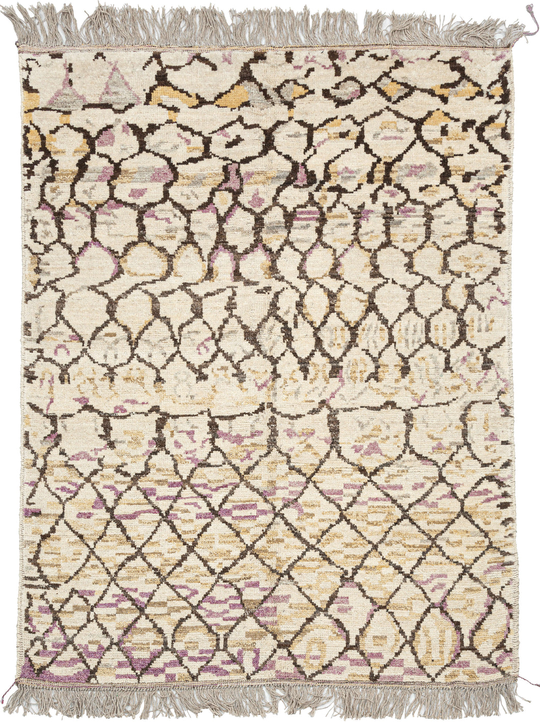 This Contemporary Afghan Moroccan-Style Rug features an idiosyncratic lattice pattern over color blocks of lavendar and wheat on an ivory ground.  Woven of hearty, hand-spun Afghan wool giving it durability and extra heft not commonly found in the Moroccan weaving usually associated with this patterning. 